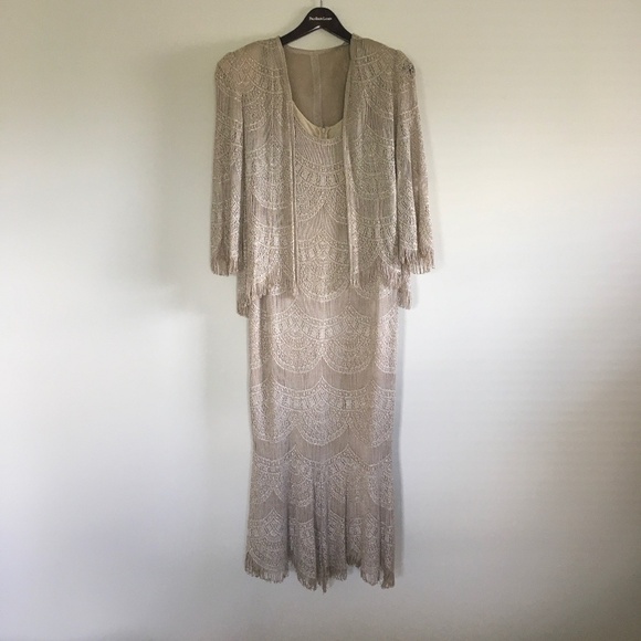 Damianou Metallic Gold Lace Crochet Fringed Tassel Maxi Dress &Jacket M Art Deco - Picture 1 of 16